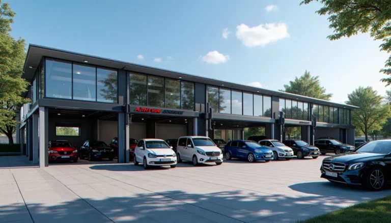 Centre auto de type Auto Efficace à Montpellier, vue extérieure avec bays de service et véhicules stationnés, illustration d'un avis sur Auto Efficace Montpellier