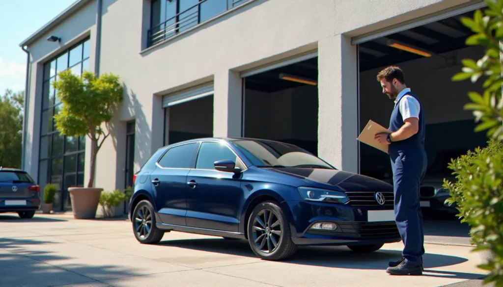 auto efficace montpellier avis featured Vue extérieure d'un centre auto efficace à Montpellier avec une voiture en cours de réception après carrosserie, illustrant les avis sur les prestations du garage