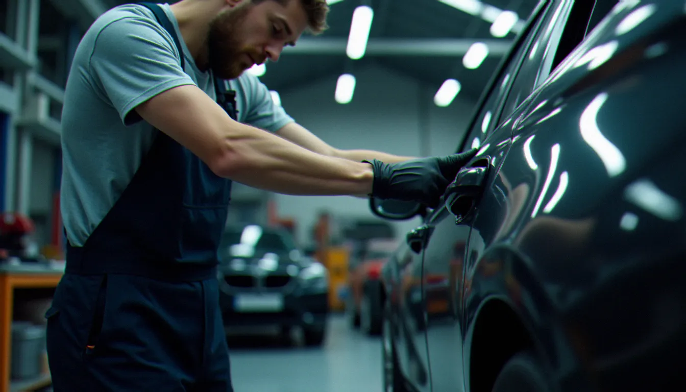 Technicien carrossier inspectant une portière bosselée dans un atelier de carrosserie, représentant les services de réparation proposés