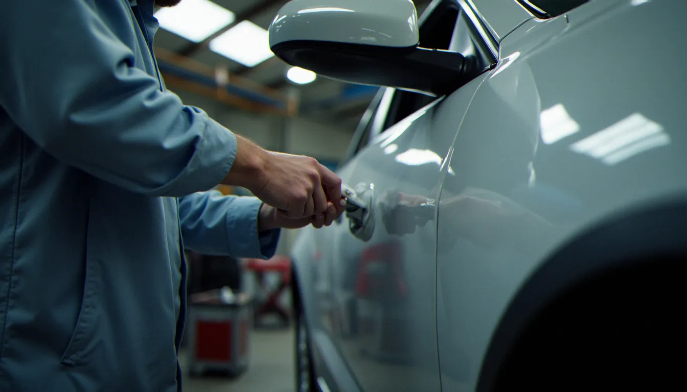 Technicien carrosserie appliquant du mastic sur une portière cabossée dans un atelier de réparation automobile professionnel