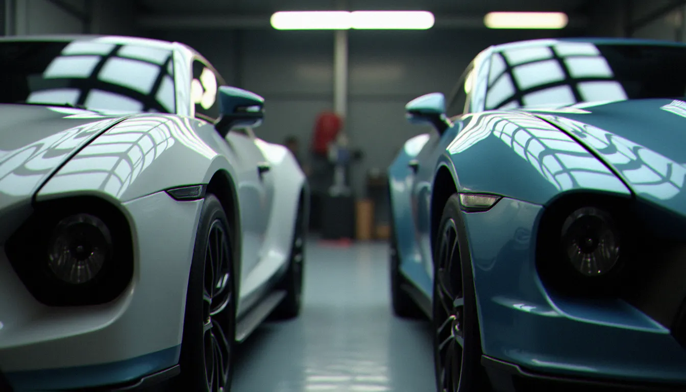 Comparaison de qualité de peinture entre deux panneaux de carrosserie dans un atelier, illustrant les critères d'évaluation d'une carrosserie