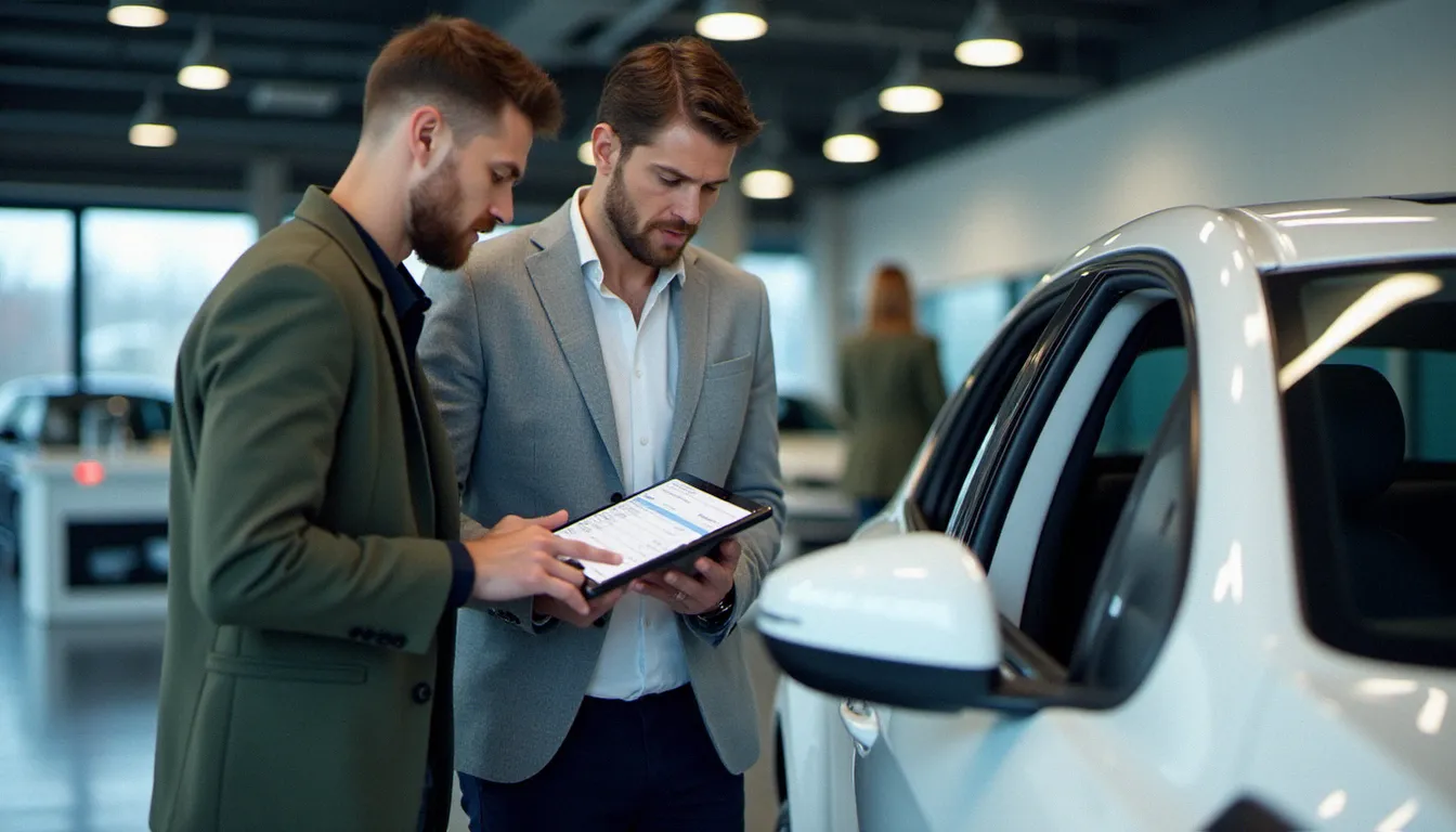 Conseiller carrosserie présentant un devis digital à un client dans l'espace d'accueil d'un centre auto, tableau de bord sur tablette visible