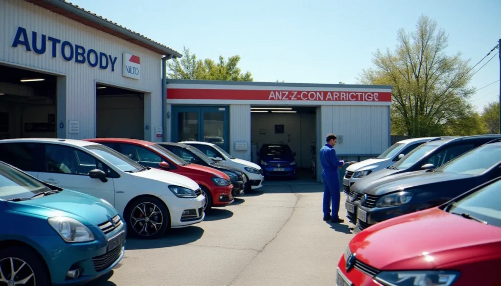 auto efficace saint jean de vedas avis featured 1 Centre auto carrosserie à Saint-Jean-de-Védas, technicien inspectant une carrosserie dans une zone commerciale, illustration pour un avis sur Auto Efficace