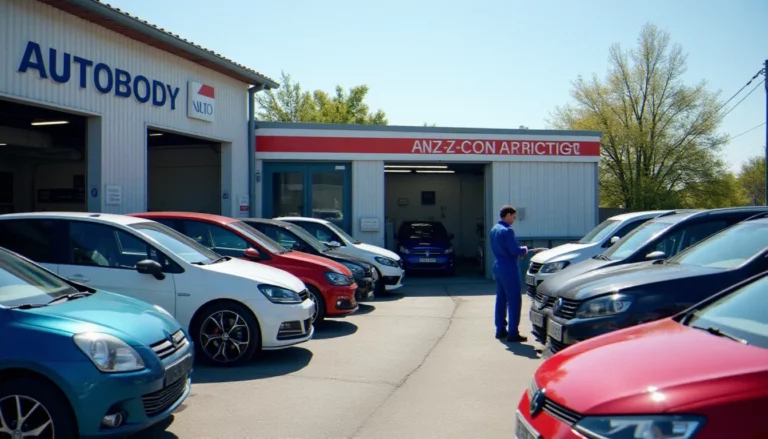 Centre auto carrosserie à Saint-Jean-de-Védas, technicien inspectant une carrosserie dans une zone commerciale, illustration pour un avis sur Auto Efficace