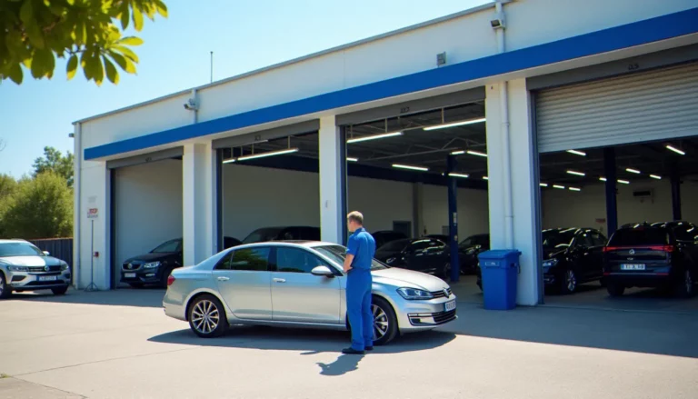 Technicien carrossier inspectant une berline devant un atelier auto efficace à Saint-Jean de Védas sous la lumière du sud de la France