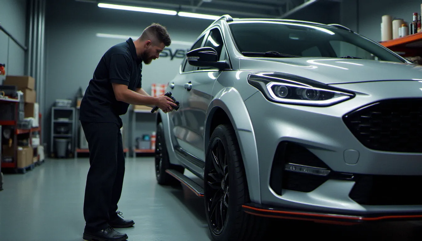 Auto entrepreneur spécialisé préparation carrosserie vérifiant la pose de jupe latérale et extensions d'ailes sur un SUV dans son atelier indépendant