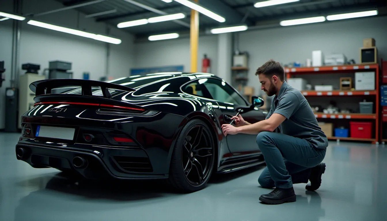 Préparateur auto entrepreneur posant un kit carrosserie large body sur une voiture de sport dans un atelier professionnel