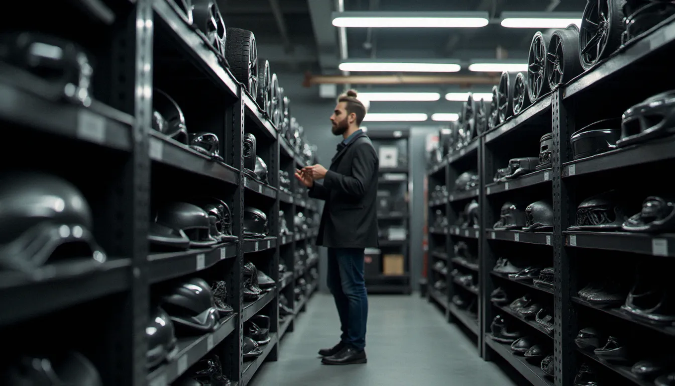 Rayon pièces carrosserie aftermarket dans un magasin auto du 77, kits lèvres et jupes latérales ABS exposés sur des étagères