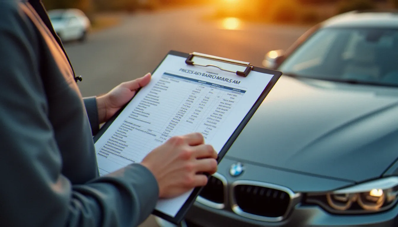 Mécanicien consultant une fiche de comparaison tarifaire devant une berline sur le parc d'un vendeur automobile en Seine-et-Marne