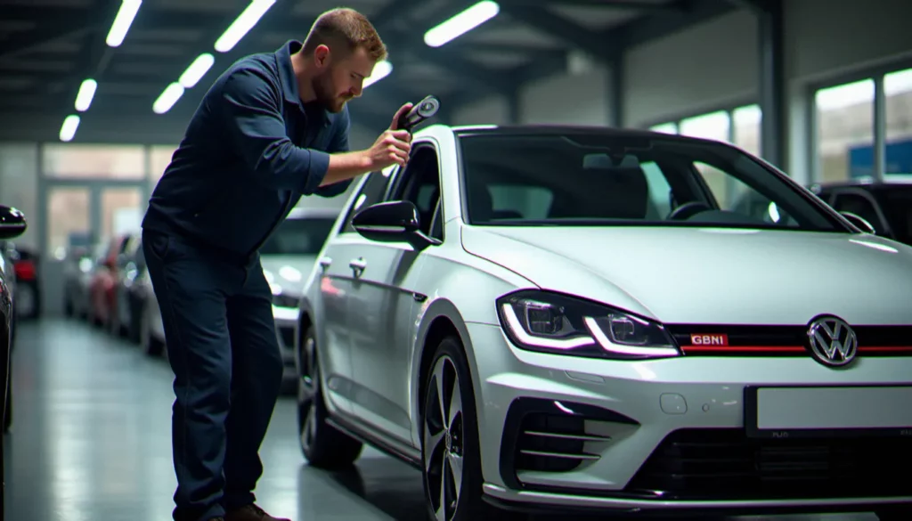 auto france 77 avis featured Préparateur automobile inspectant la carrosserie d'une Golf GTI blanche dans le parc extérieur d'un concessionnaire auto france 77, éclairage naturel