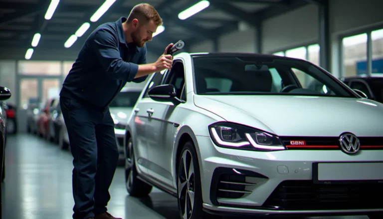 Préparateur automobile inspectant la carrosserie d'une Golf GTI blanche dans le parc extérieur d'un concessionnaire auto france 77, éclairage naturel