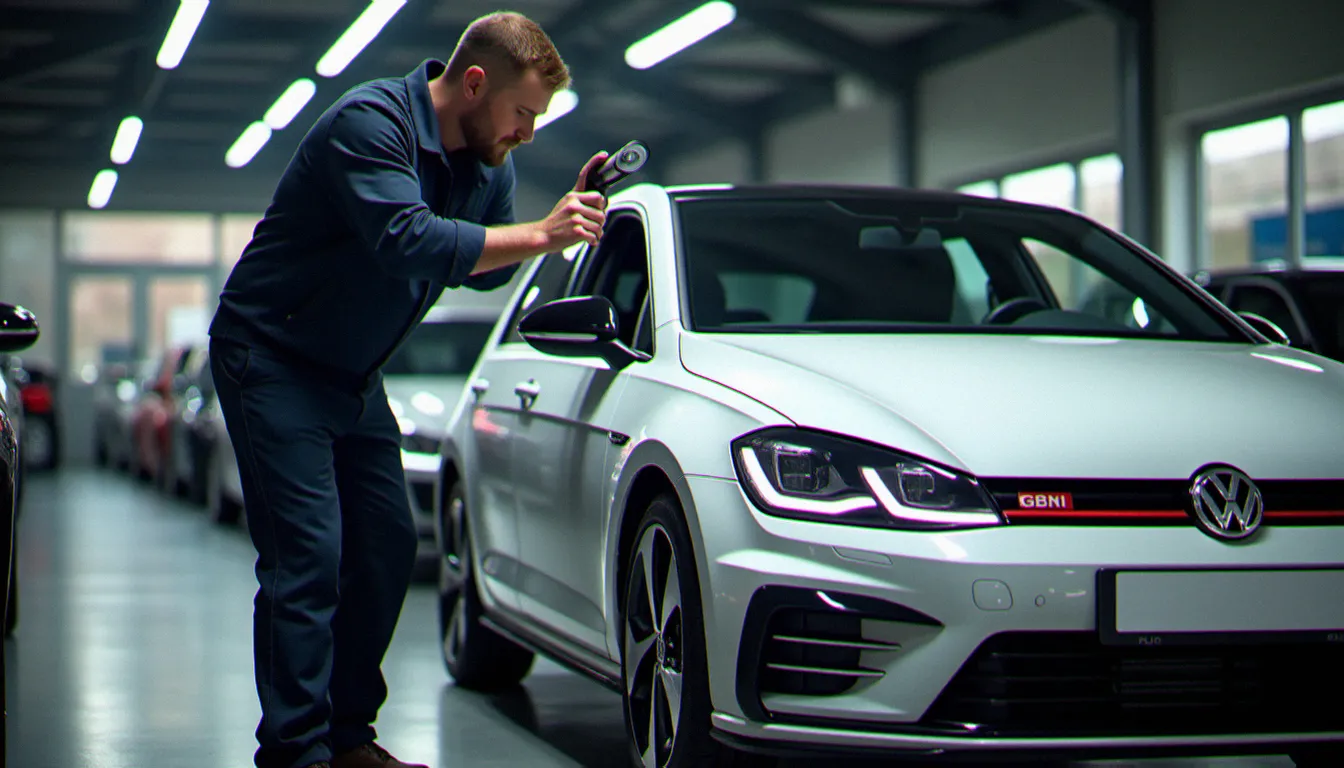 Préparateur automobile inspectant la carrosserie d'une Golf GTI blanche dans le parc extérieur d'un concessionnaire auto france 77, éclairage naturel