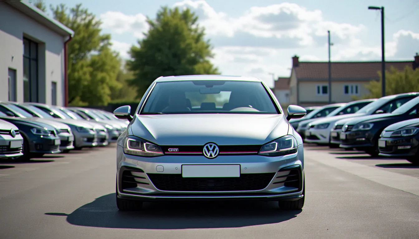 Une Golf GTI d'occasion garée sur un parking de concession dans le Val-d'Oise, typique du marché auto France VO 95