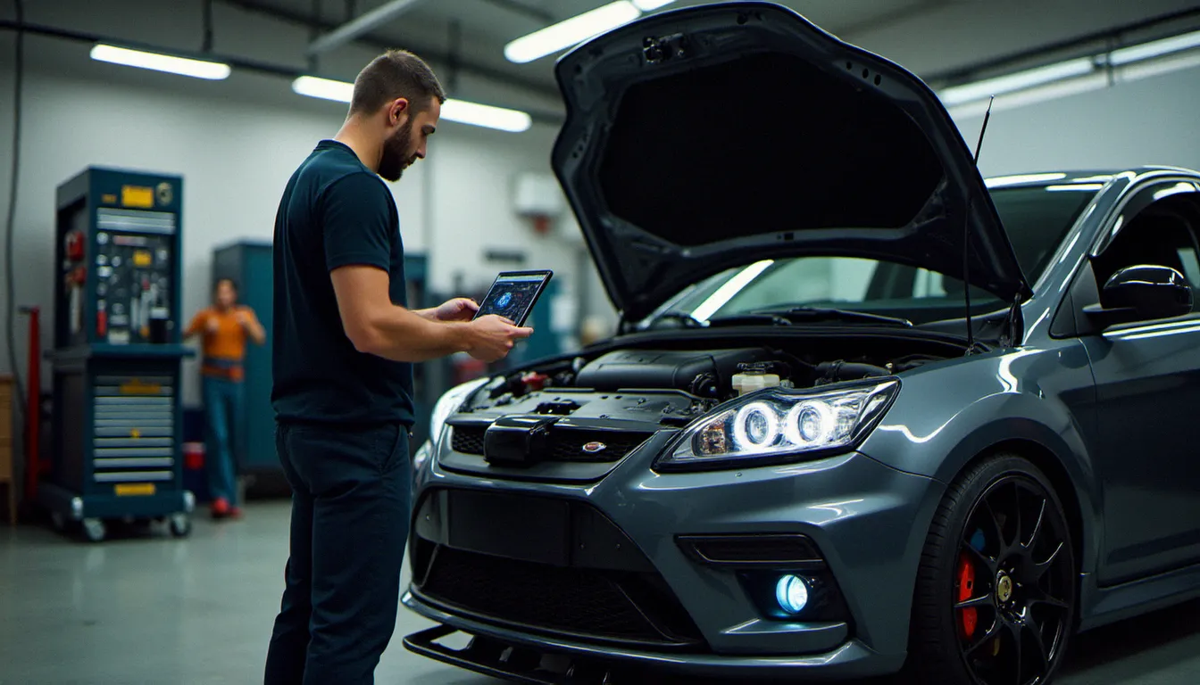 Préparateur automobile analysant les données moteur d'une compacte sportive preparée à l'aide d'un outil de diagnostic compatible Auto Guide v3.0