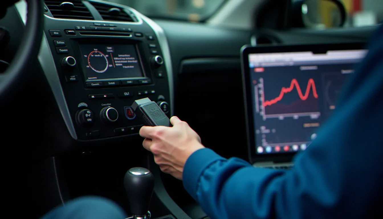 Connexion d'une interface OBD-II pour utiliser Auto Guide v3.0 en téléchargement gratuit sur ordinateur portable en atelier