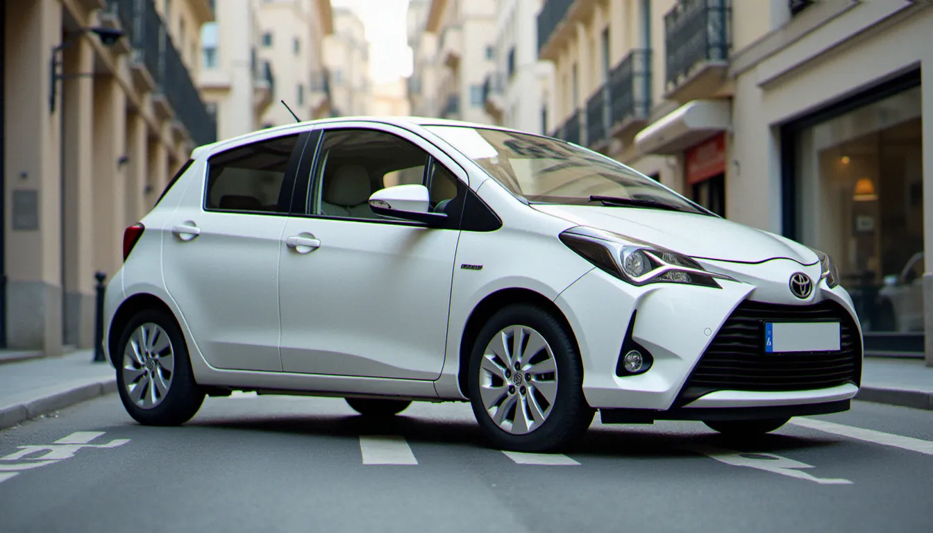 Toyota Yaris Hybrid vue de côté en milieu urbain, l'auto avec la meilleure consommation d'essence du segment en 2026