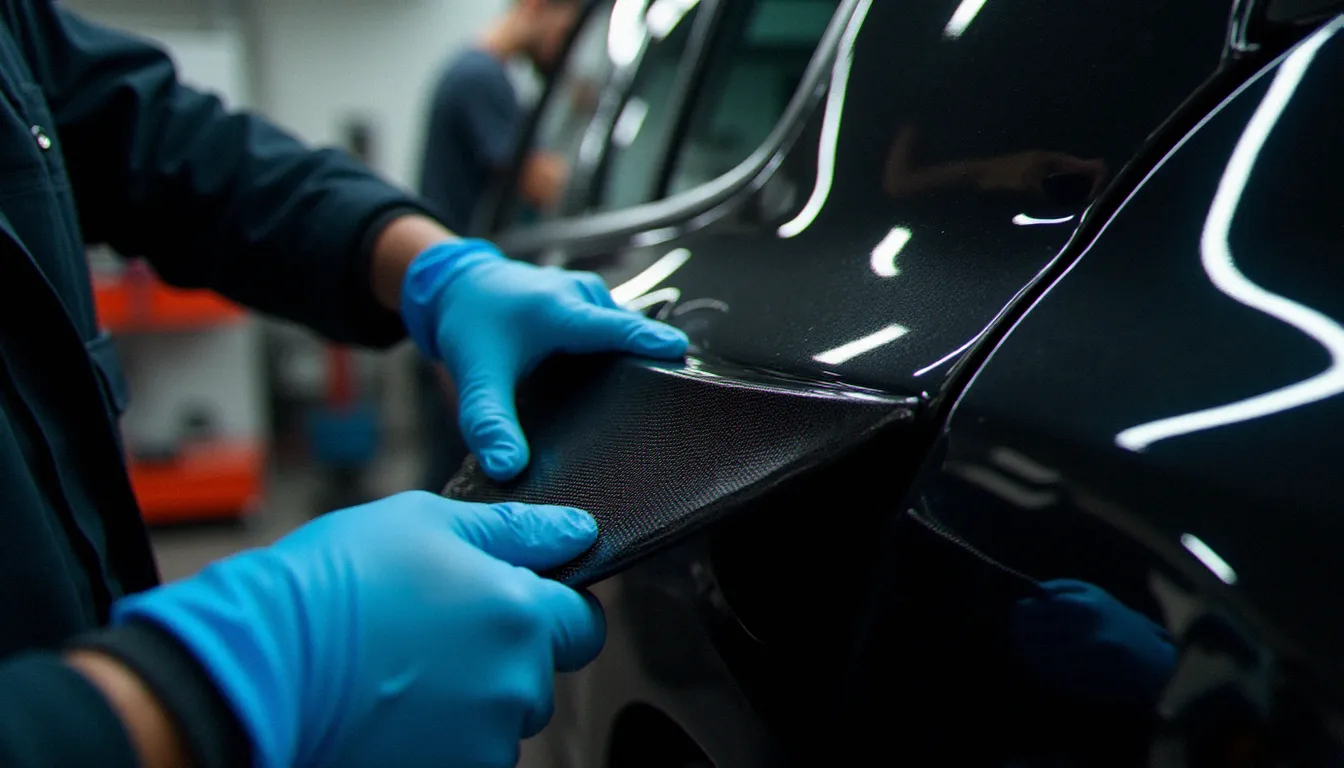 Installation d'un becquet arrière aérodynamique sur une compacte en atelier, équipement carrosserie pouvant améliorer la consommation d'essence