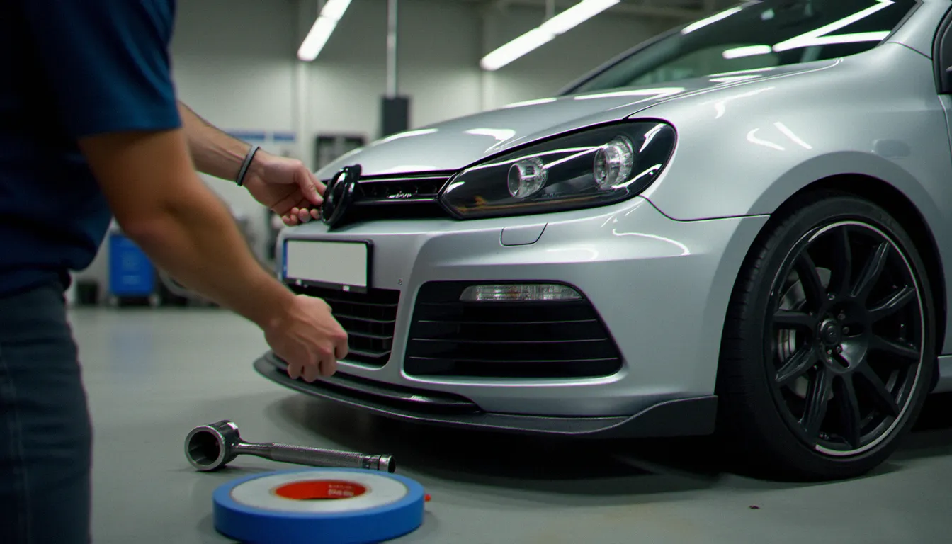 Installation d'un kit lèvre de pare-choc avant en polyuréthane sur une compacte en atelier, méthode recommandée pour préparer une auto au Lac-des-Écorces