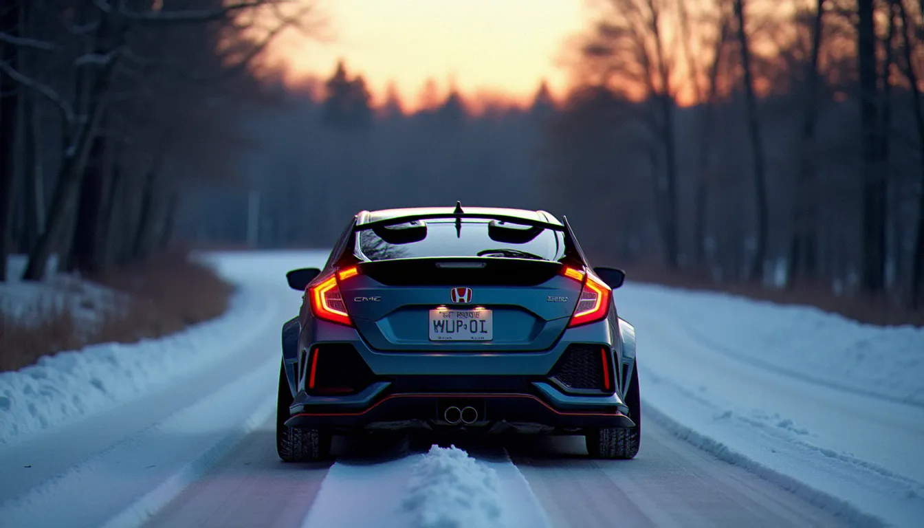 Honda Civic Type R modifiée avec diffuseur arrière et jupes latérales sur route sinueuse du Québec nordique, illustrant l'impact concret d'un kit carrosserie sur le comportement dynamique d'une auto