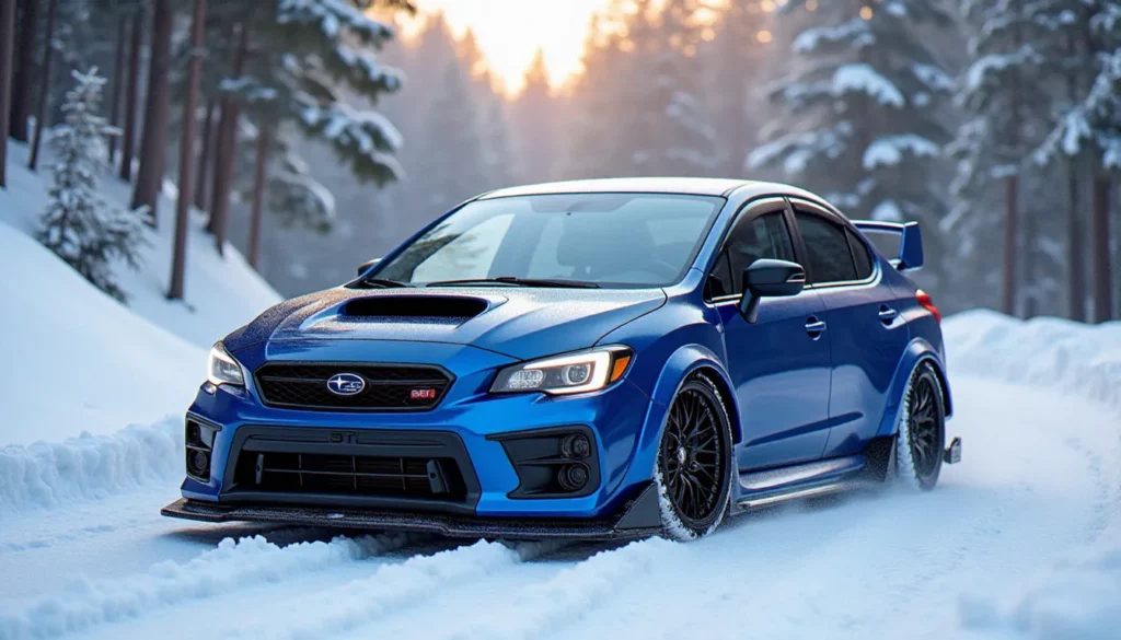 auto meilleur lac des ecorces featured Subaru WRX avec kit carrosserie complet polyuréthane sur route enneigée des Laurentides, exemple d'auto meilleur Lac-des-Écorces parfaitement préparée pour les hivers nordiques