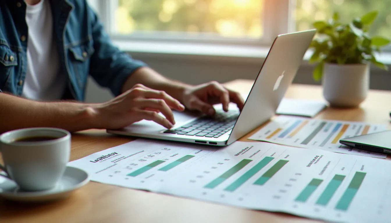 Homme comparant plusieurs offres de crédit auto sur ordinateur portable avec documents financiers pour identifier le meilleur taux disponible
