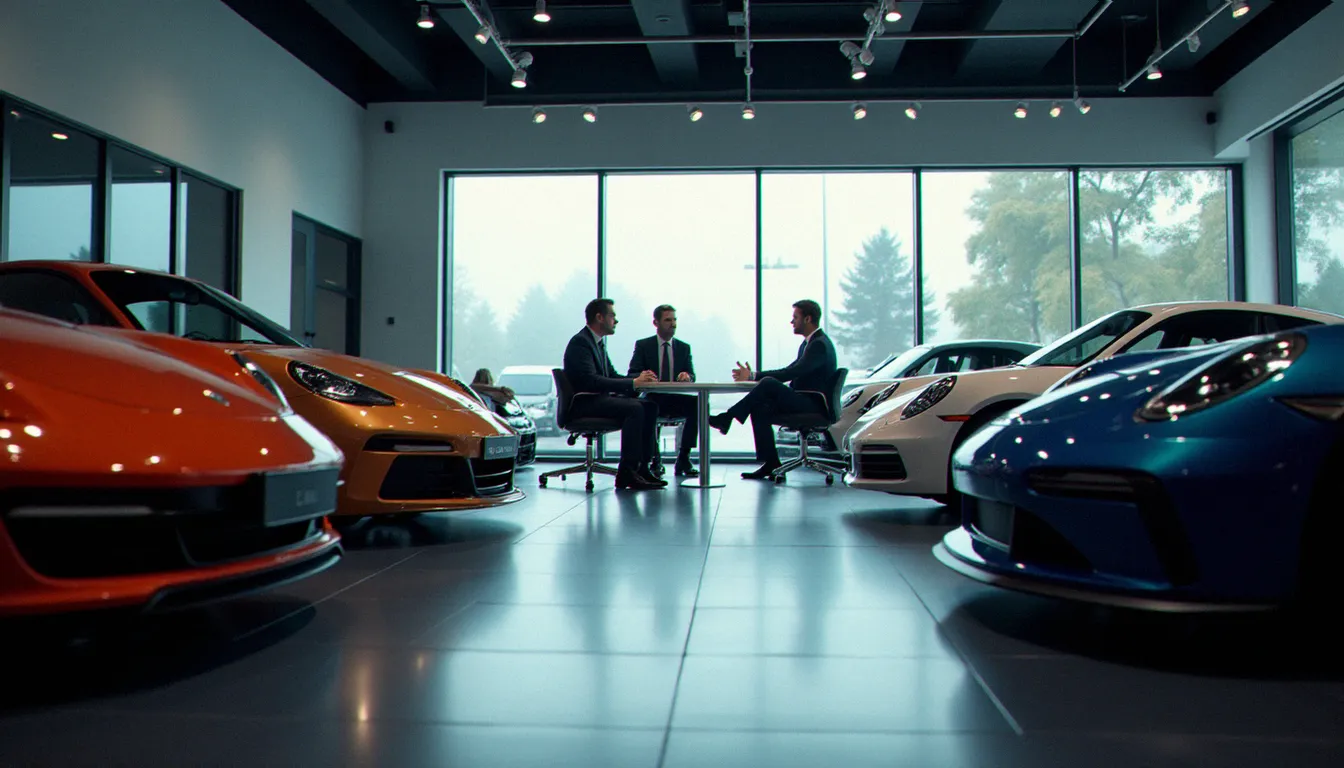 Intérieur d'une concession automobile moderne avec négociation de financement entre un client et un vendeur pour obtenir le meilleur taux auto