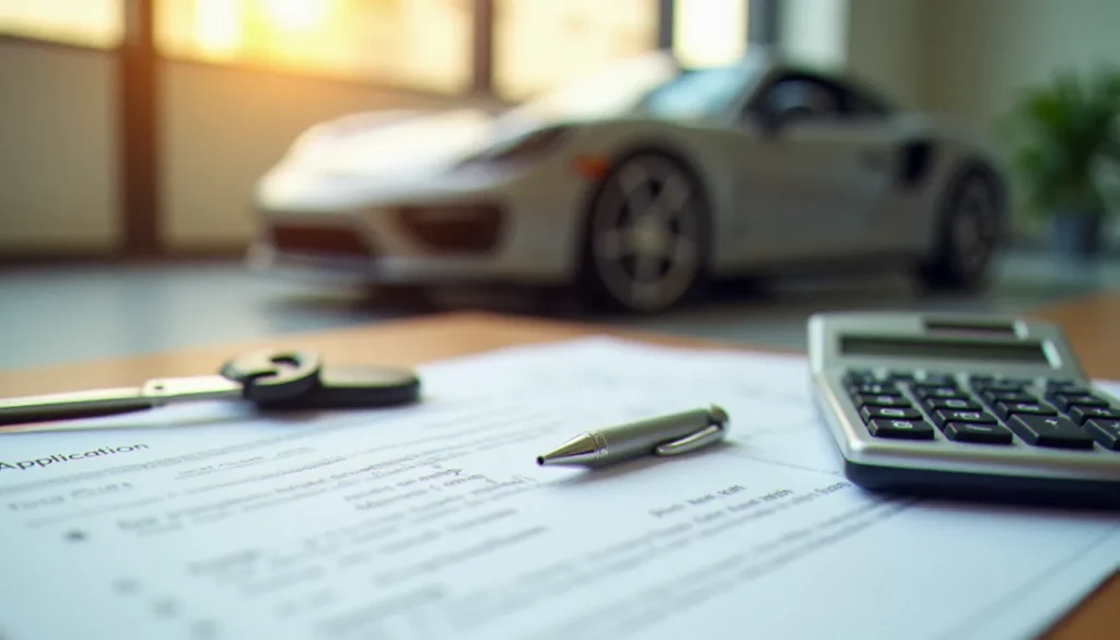 Dossier de demande de crédit auto posé sur un bureau avec clés de voiture et calculatrice, illustrant la recherche de l'auto meilleur taux