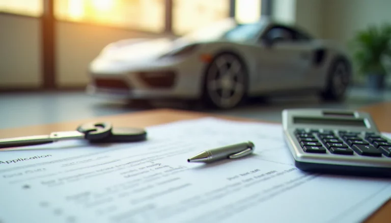 Dossier de demande de crédit auto posé sur un bureau avec clés de voiture et calculatrice, illustrant la recherche de l'auto meilleur taux