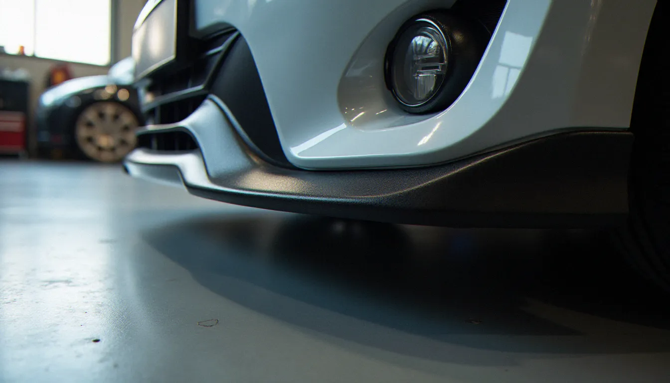 Kit carrosserie auto prix 40 — lèvre avant en polyuréthane noire mate positionnée sur une berline compacte argentée en atelier