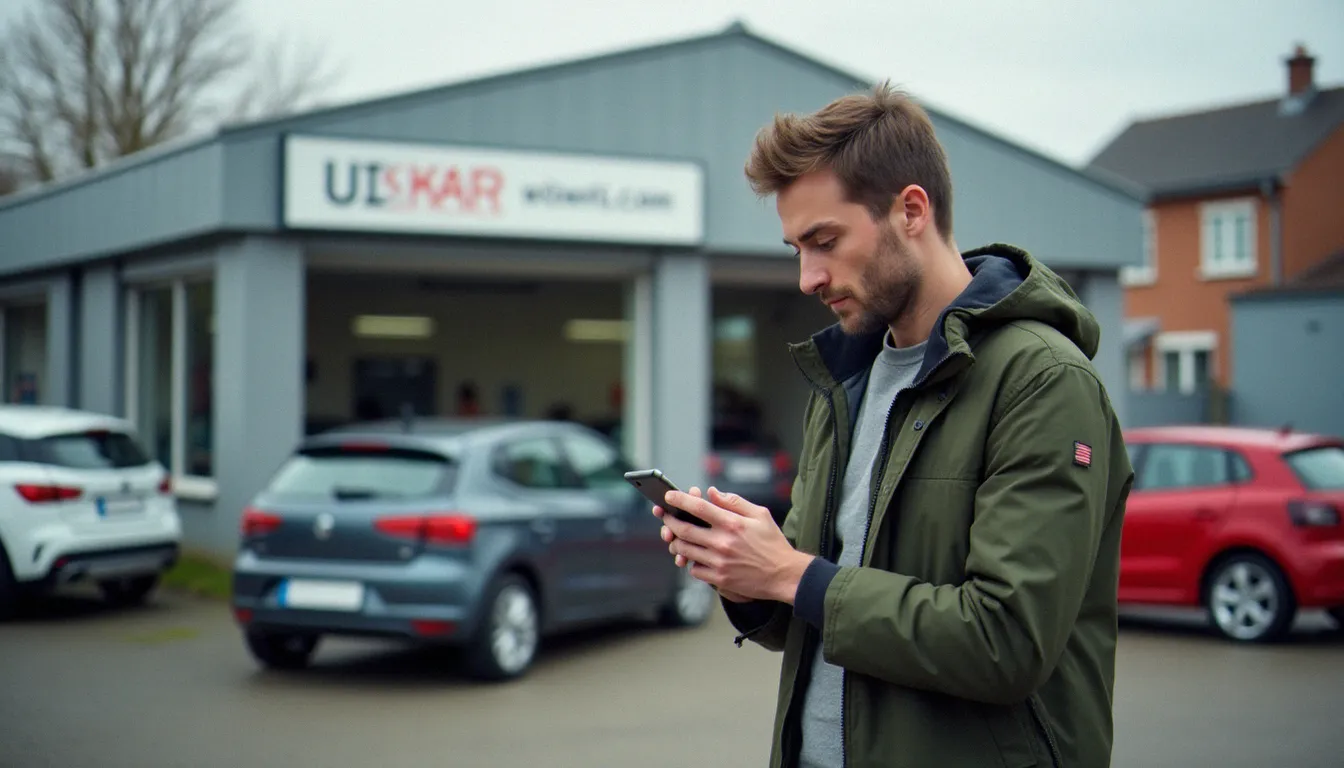 Acheteur consultant des annonces auto sur smartphone devant un garage indépendant belge, à la recherche des meilleures offres auto à Anderlues