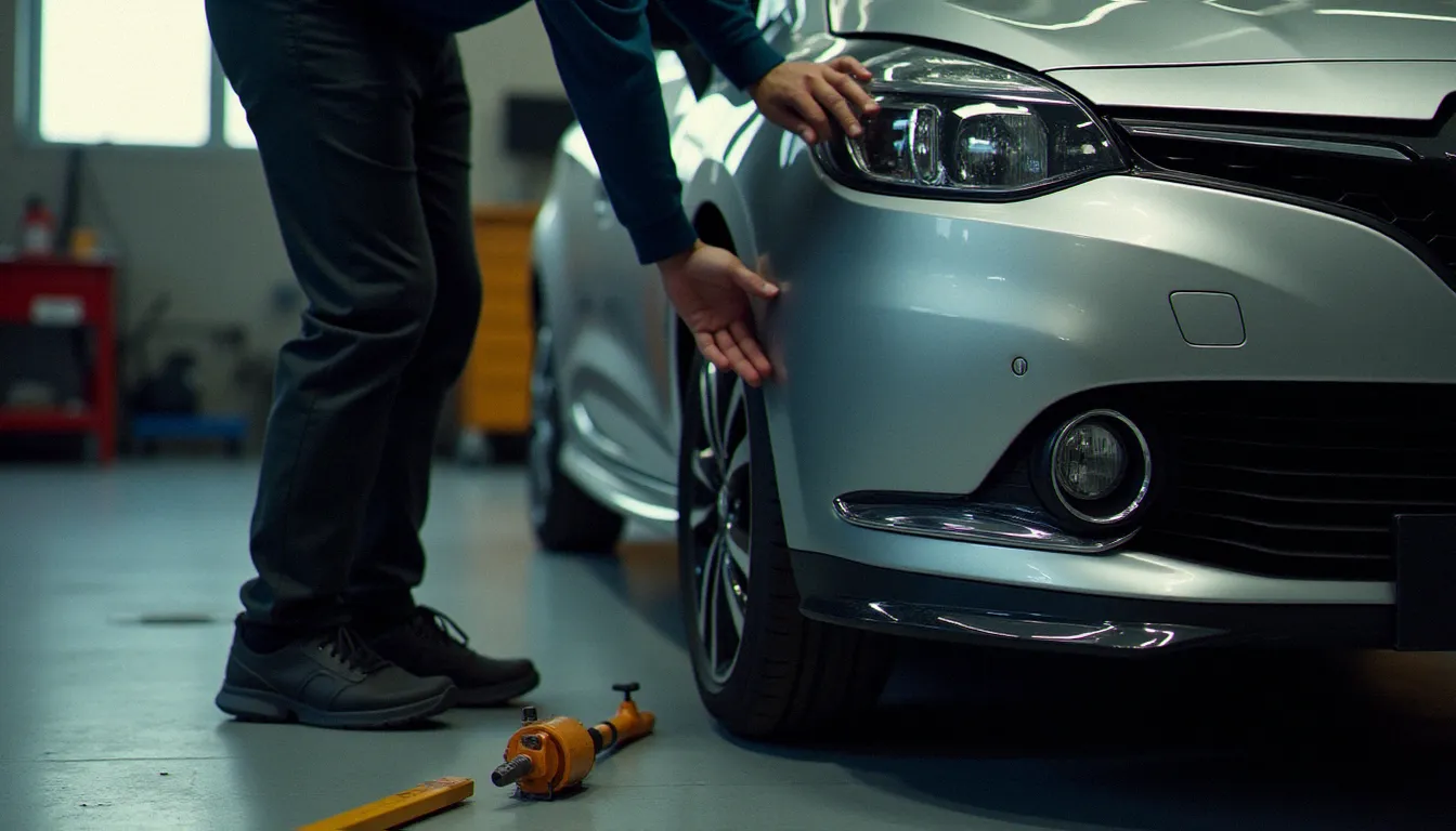 Installation d'un kit spoiler avant en polyuréthane sur une compacte argentée dans un atelier de préparation automobile, pour valoriser une auto achetée à prix Anderlues