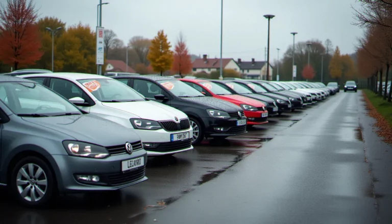 Lot de vente de voitures d'occasion en Belgique avec plusieurs modèles compacts exposés, illustrant le marché auto prix Anderlues en 2026