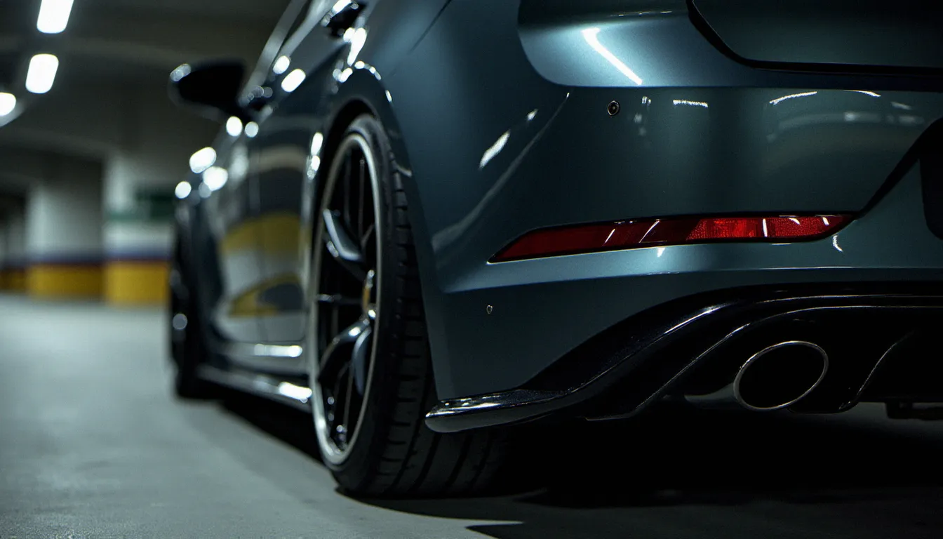 Kit carrosserie wide body avec diffuseur arrière et jupe latérale noire installé sur une Volkswagen Golf grise, vue basse angle dans un parking urbain