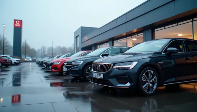 Rangée de voitures neuves sur le parking d'un concessionnaire automobile en Belgique, illustrant les auto prix belgique compétitifs en 2026
