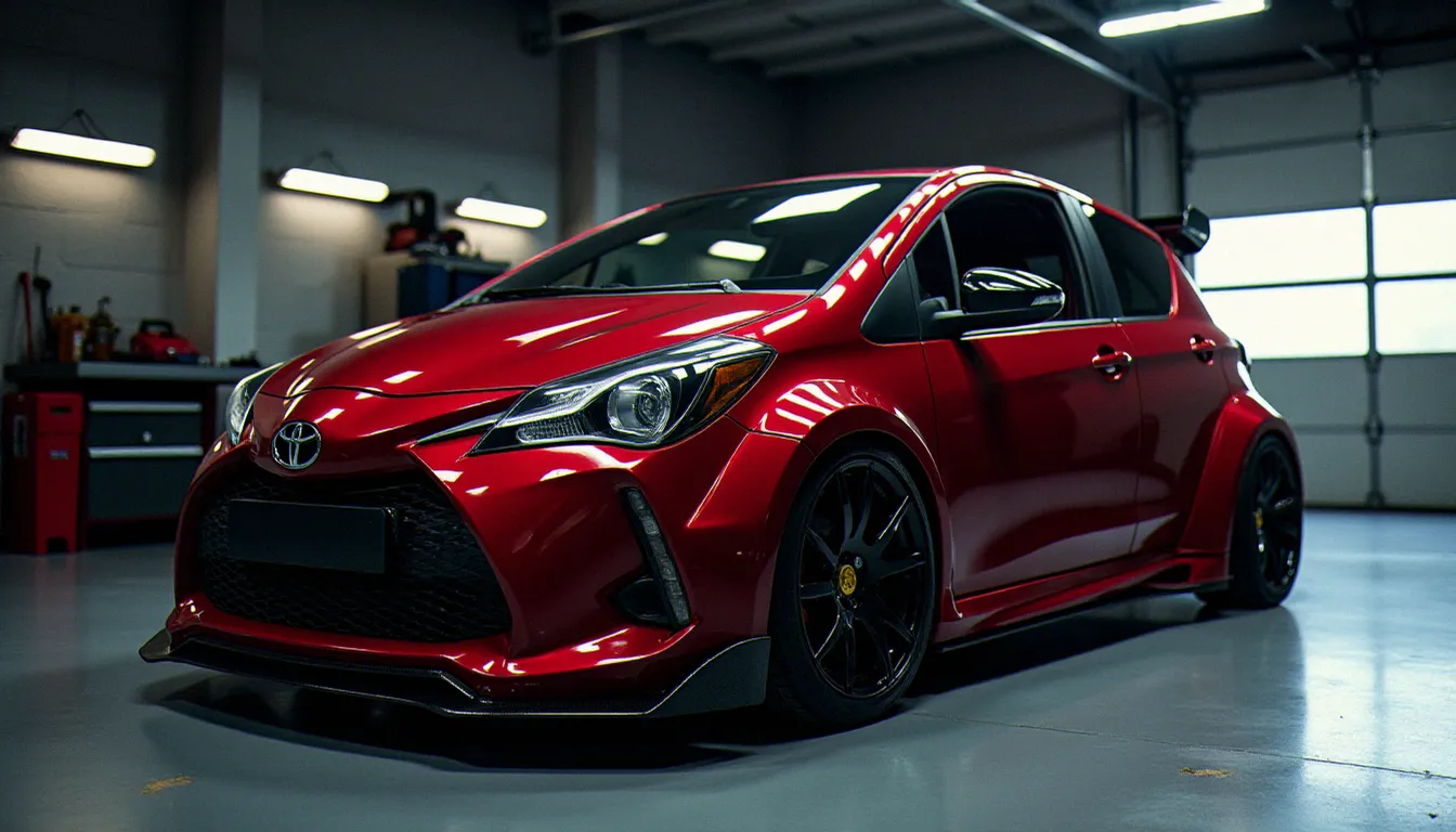 Voiture compacte rouge équipée d'un kit carrosserie aftermarket complet en atelier, résultat visuel d'un investissement maîtrisé en auto prix avec une installation professionnelle