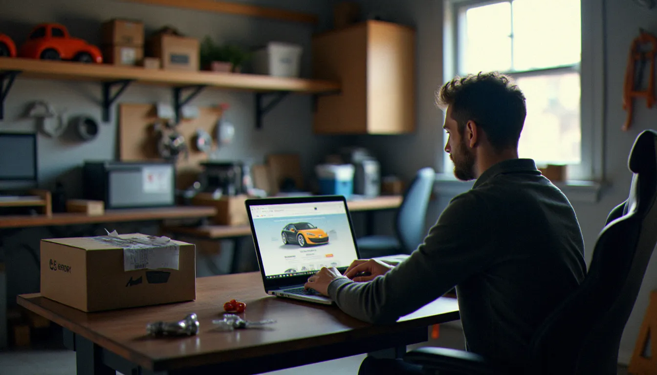Acheteur particulier comparant des offres auto prix du gros sur ordinateur portable dans un garage aménagé