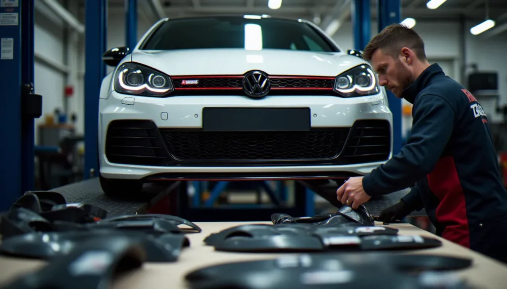 Un préparateur automobile inspecte des pièces de kit carrosserie auto prix du gros dans un atelier professionnel à Metz