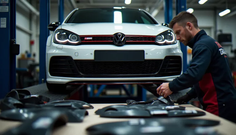 Un préparateur automobile inspecte des pièces de kit carrosserie auto prix du gros dans un atelier professionnel à Metz