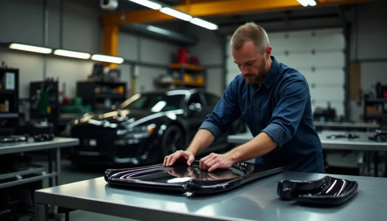 Mécanicien préparateur examinant attentivement un kit carrosserie ABS sur un établi d'atelier, illustrant la démarche d'évaluation rigoureuse avant tout achat d'auto prix