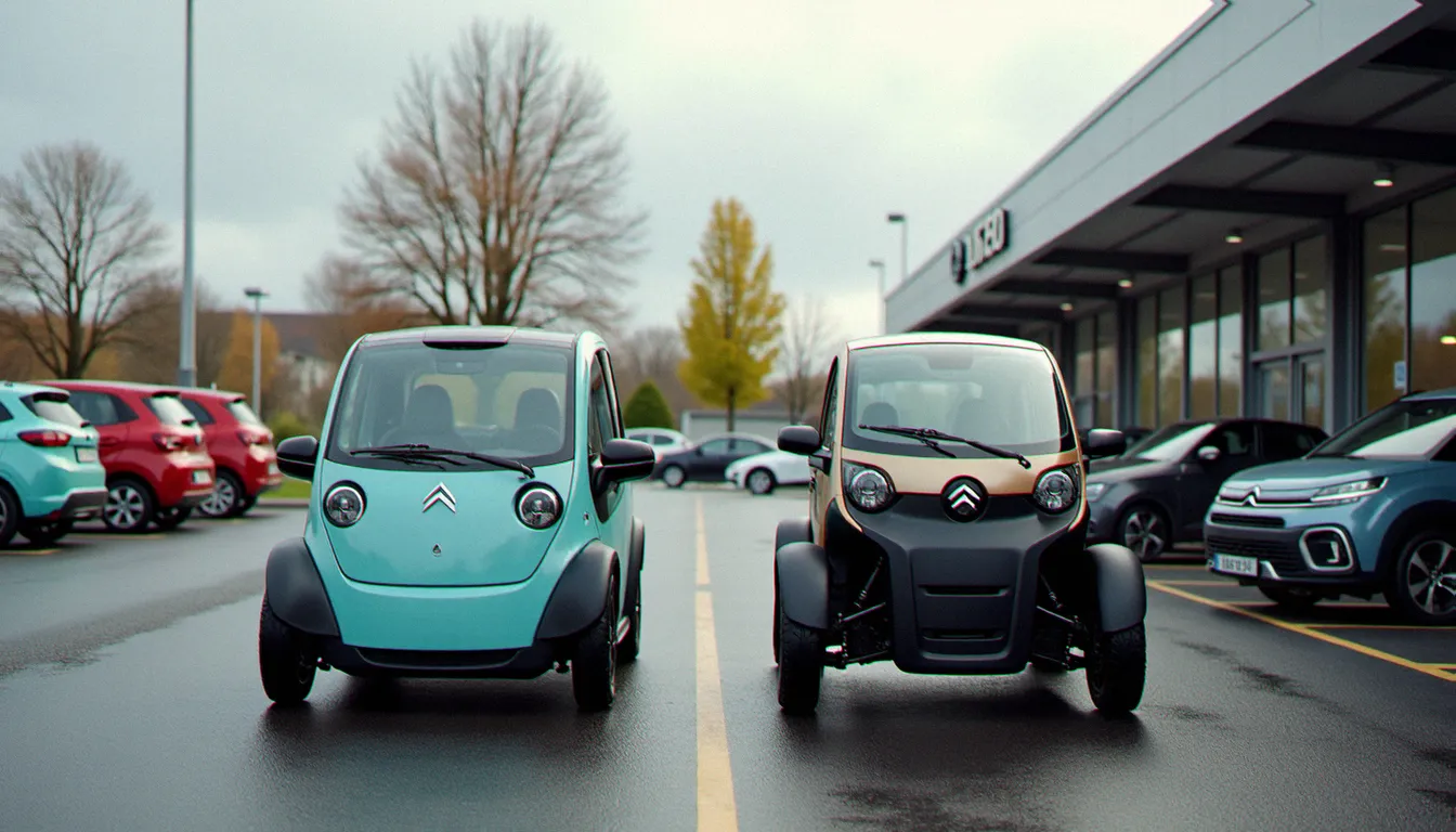 Comparaison de deux modèles populaires d'auto sans permis — une Citroën Ami électrique et une Ligier JS60 diesel — dans une concession normande