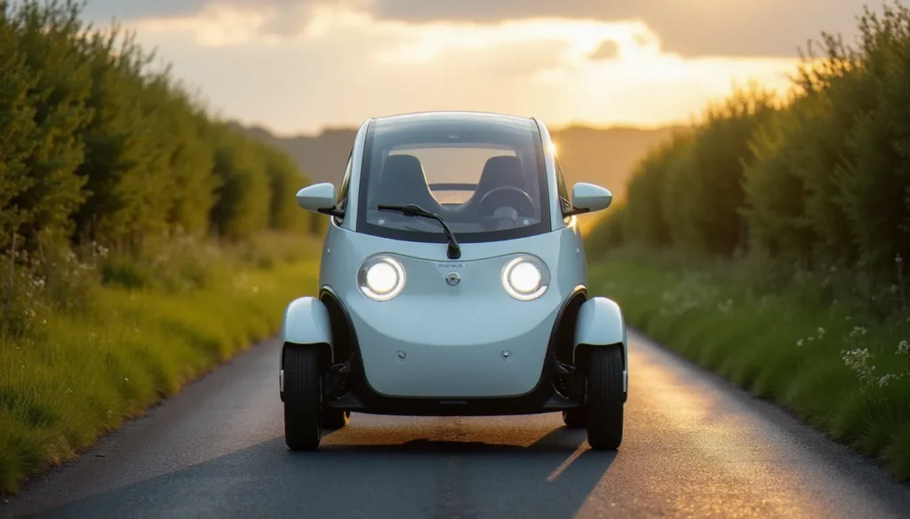 Une auto sans permis 76 de type Microcar garée sur une route de campagne normande en Seine-Maritime, vue trois quarts avant