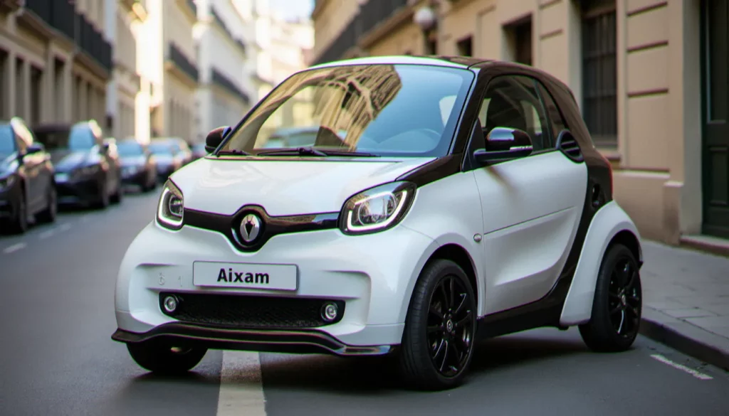 Auto sans permis Aixam City avec kit carrosserie aftermarket installé, vue trois quarts avant en milieu urbain
