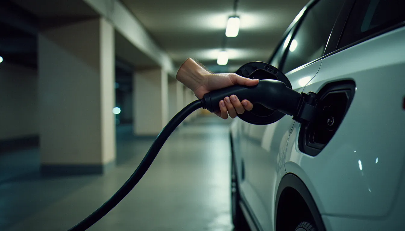 Recharge d'une auto sans permis électrique sur prise domestique dans un parking souterrain résidentiel