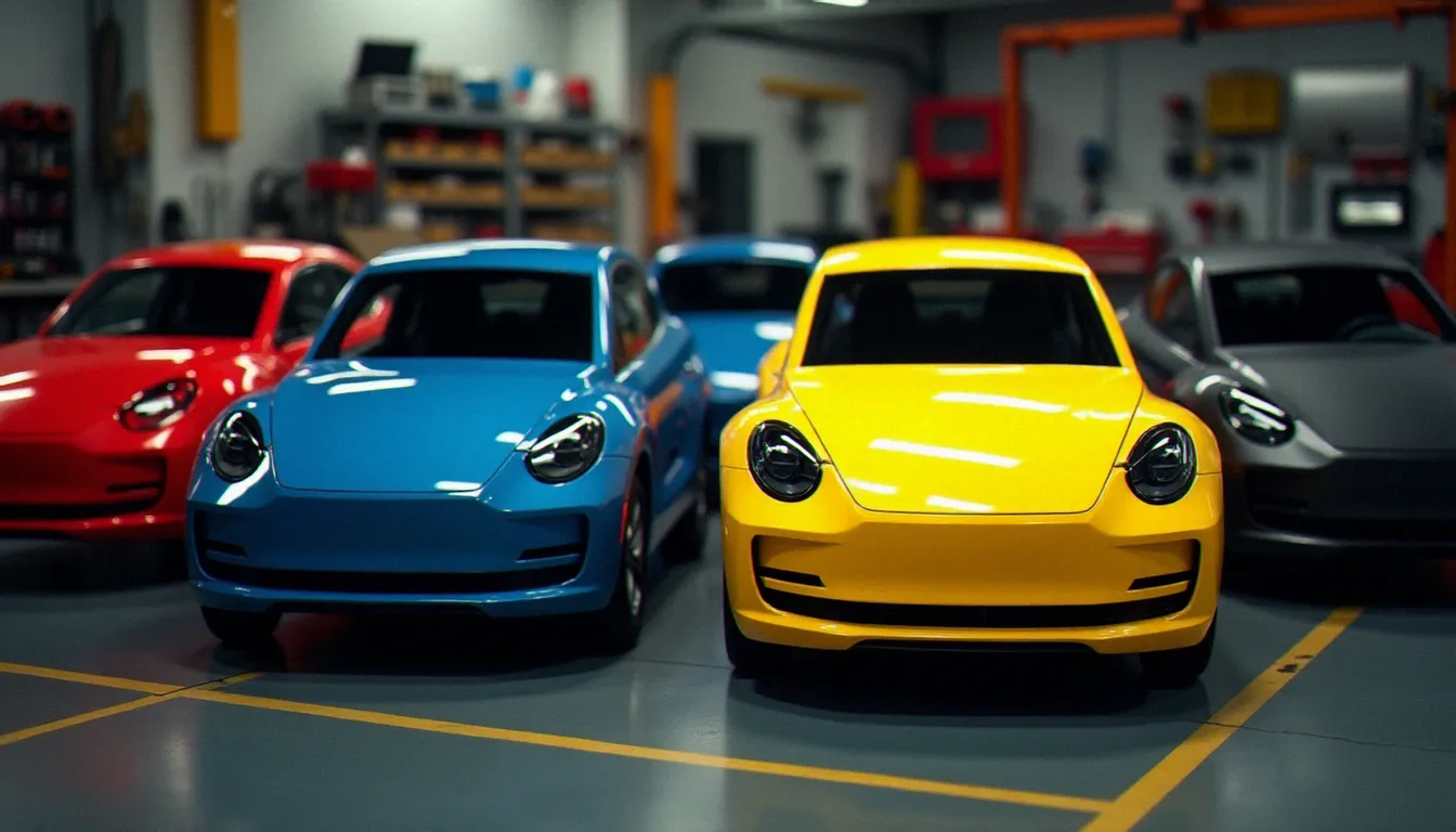 Kits de carrosserie colorés pour auto sans permis électrique présentés sur un établi d'atelier professionnel