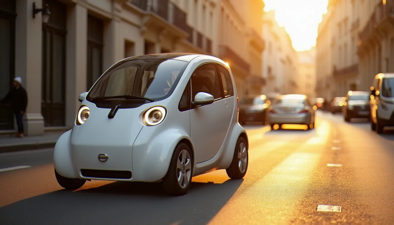 Auto sans permis électrique blanche garée dans une rue parisienne en lumière dorée, carrosserie compacte et moderne