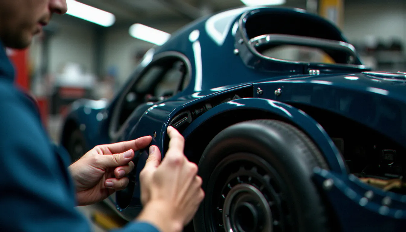 Inspection détaillée des panneaux de carrosserie ABS d'une auto sans permis Ligier par un mécanicien en atelier