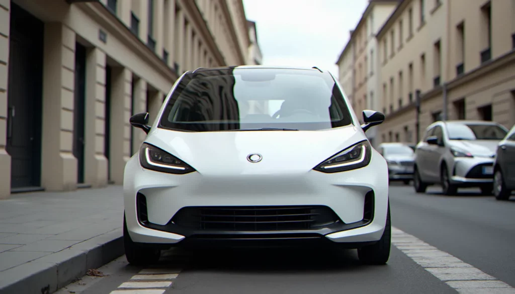 Auto sans permis Ligier JS50 blanche garée en milieu urbain, vue trois quarts avant sur fond de rue française