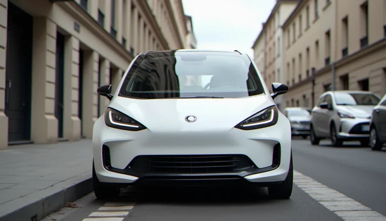 Auto sans permis Ligier JS50 blanche garée en milieu urbain, vue trois quarts avant sur fond de rue française
