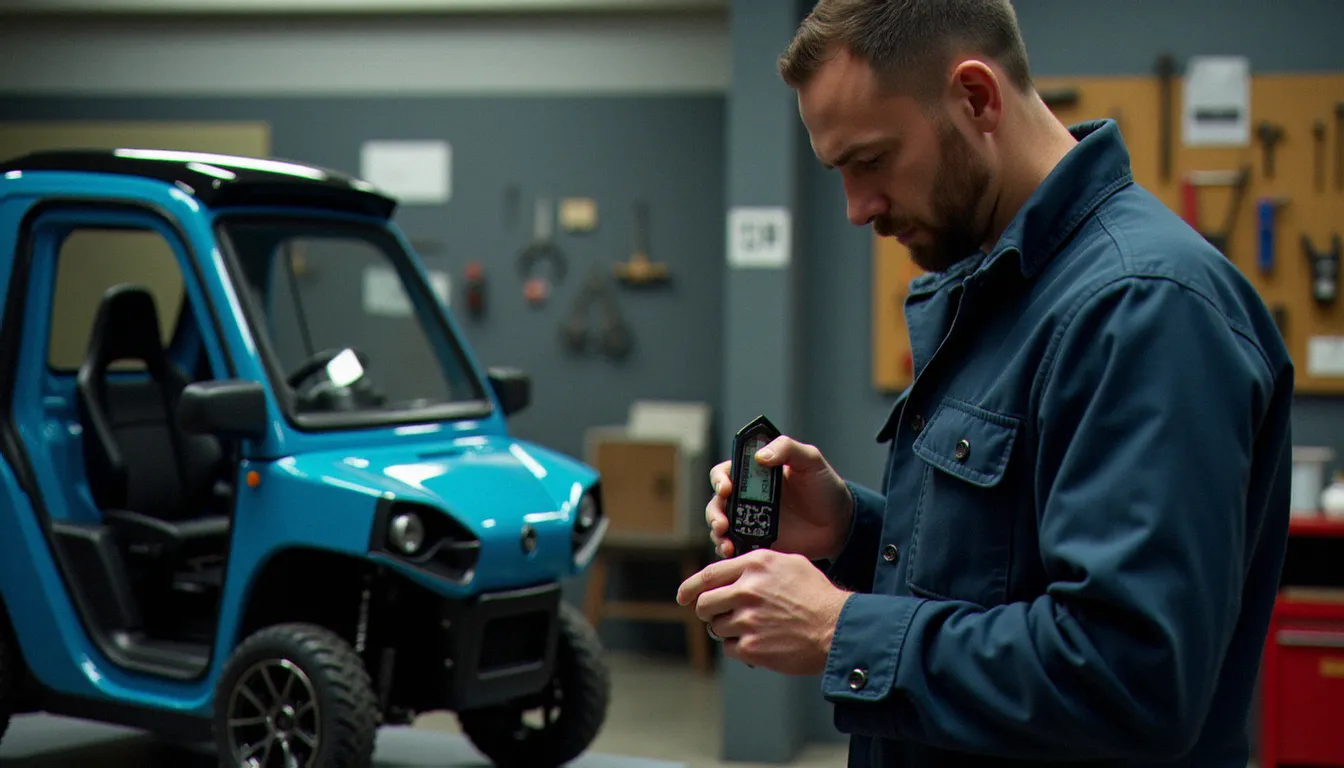 Un préparateur automobile dans un atelier tenant un testeur d'épaisseur de peinture contre le bouclier avant d'une voiturette, environnement de garage réaliste avec outillage en arrière-plan