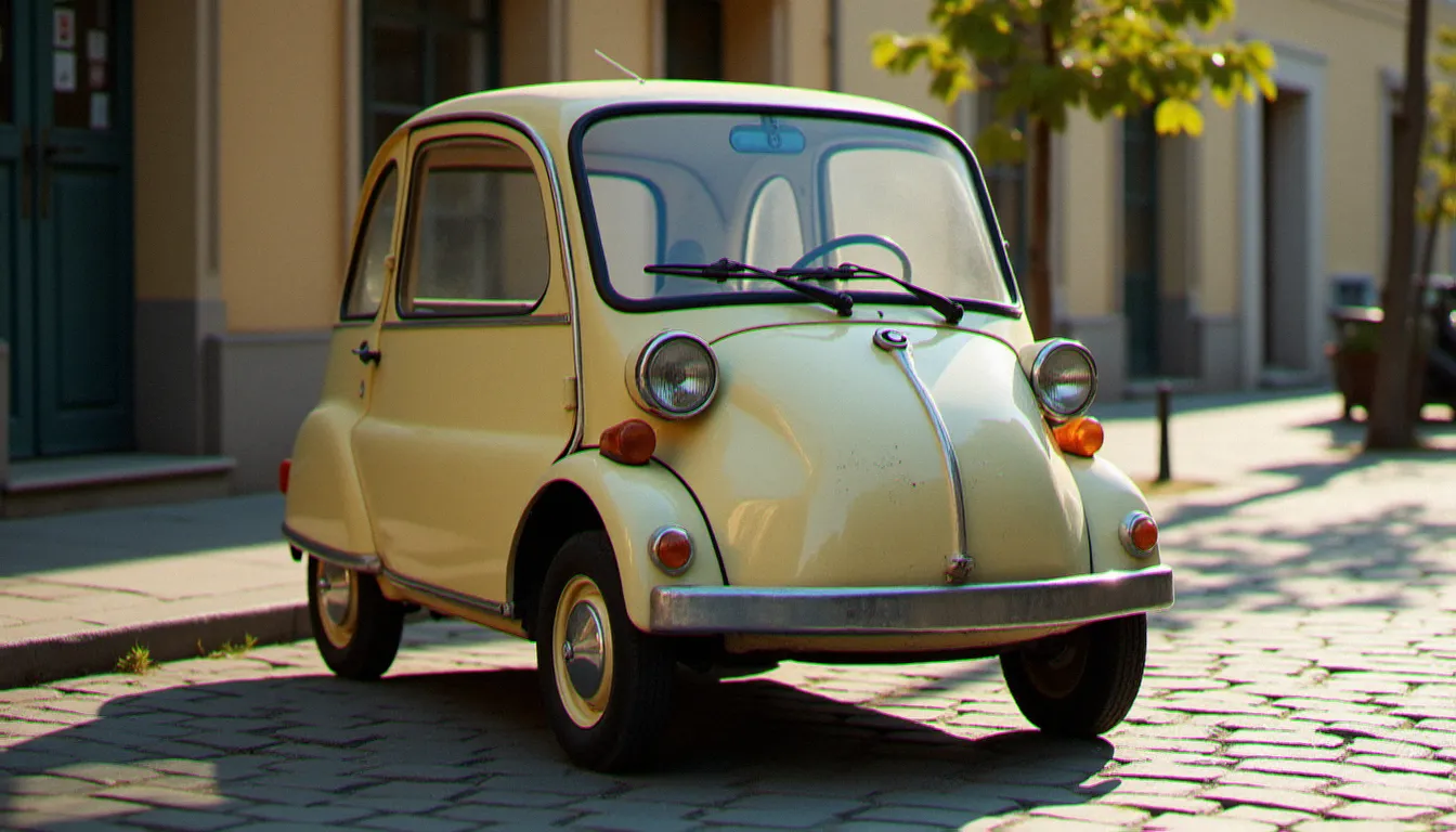 Une auto sans permis d'occasion de type voiturette garée dans une rue pavée ensoleillée, carrosserie compacte légèrement patinée, lumière naturelle d'après-midi